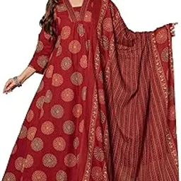 parthvi Women's Pure Cotton Block Printed Ethnic Wear Kurta Set with Palazzo & Dupatta – Cherry Red-picture-12
