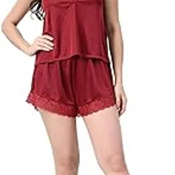 secour Women's Satin Lingerie Sleepwear Set | Sexy Lace Cami Top & Shorts | 2-Piece Nightwear Set | Soft Satin Night Suit for Women | Elastic Waist Shorts Set | Baby Doll Camisole-picture-13