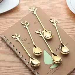 Decorative Golden Tree Leaf Coffee Spoons, Elegant Golden Stainless Steel Spoon Set with Unique Tree Leaf Design - Perfect for Coffee, Tea & Desserts, Set of 6, 12 cm-picture-58