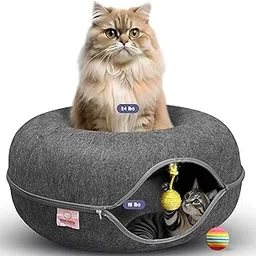 Peekaboo Cat Tunnel Bed with Hanging Ball Toy – Large Cat Tunnels for Indoor Cats up to 30lbs – Round Cat's cave Bed with Scratch-Resistant, Easy to Wash & Cozy Design (24x24x11, Dark Grey)-picture-40