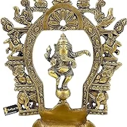 Two Moustaches Brass Ethnic Indian Carving Dancing Ganesha Design Diya with Prabhavali Frame, 9 Inches, 1 Kg, Antique Yellow, Standard-image-14