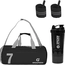 GROUPERS Combo Set of Duffle Polyester Bag with Shaker Bottle-500ml & Wrist Band (Black 07)-picture-16