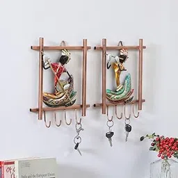 Miracle Craft - Set of 2 Rajasthani Handpainted Musician Key Holders Decorative Metal Wall Hangers with 4 Hooks, Multicolor Art for Home, Entryway & Office Decor-image-61