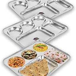 Habib Stainless Steel Divided Dinner Plate Lunch Plate, Bhojan Thali, Portion Control Plate, Meal Prep, Party Plate, Divided Trays Plate 5 Compartment Set of 3 Heavy weight-500gram Each-image-1
