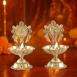 Brass Shankh & Chakra Diya Set for Pooja | Traditional Oil Lamps (Set of 2), 180gms, 11cms Height, Gold Finish.-picture-27