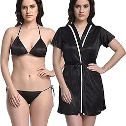 you forever Women Satin Nightdress Nightwear Robe With Lingerie Set (Black)-picture-56