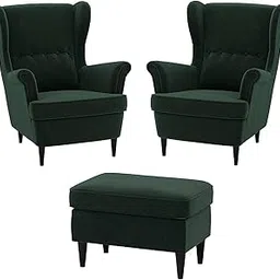 Holt Furniture Beige Wingback Armchair Set with Ottoman – Mid-Century Fabric Accent Chairs, Set of 2 (Dark Green)-picture-20