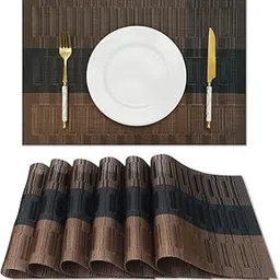 Set of 6 Dining Table Placemats – Woven Vinyl Plastic Mats, Non-Slip, Heat Resistant, Stain Resistant, Washable & Easy to Clean Table Mats for Kitchen & Dining Decor (6, Brown Line)-picture-62