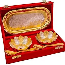 R Ayurveda Copper | Royal Style Gold And Silver Plated Brass Bowl With Box Kamal Bowl, 250 Ml-picture-20