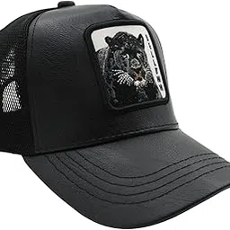 JAMONT Leather Baseball Cap Panther Patch Cap Trucker for Men Snapback Mesh Animal Patch Hat Men's Black Djustable Baseball Hat Streetwear Fashion Hat image 1