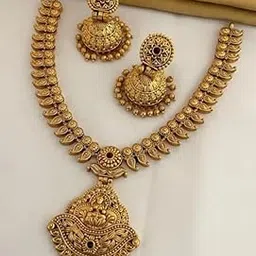 lucentarts jewellery Lakshmi Short Choker Necklace Set for Women & Girls | South Indian Wedding Fashion Jewellery | Gold Plated Alloy with Earrings & Artificial Stones Design No TM266-picture-49