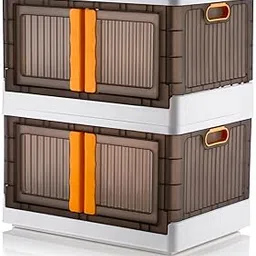 Plastic Double Door Drawer Cabinet & Rack for Home/Office | Foldable & Stackable Shelf Box for Toys, Books | Cupboard for Storage | Collapsible Storage Box with Lid, 55 x 38 x 32 cm, Brown and White-picture-35