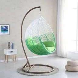 Single Seater Swing Chair with Stand & Cushion Outdoor Indoor Balcony Garden Patio,Powder Coated Frame,UV Protected Wicker (Swing-White/Cushion-Green)-picture-32