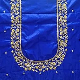 Designer Blouse with Gold Floral Embroidery, Royal Blue Silk, Traditional Pattern-picture-12