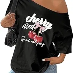 sxv style SXV Women's Loose Bowknot Asymmetrical Neck T-Shirt, Oversized Cherry Pink & White Y2K Style-picture-49