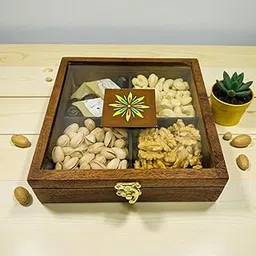 wooden Dry fruit box Multipurpose 4 Section Handcrafted Large Size Square Dry Fruit Box for Diwali Gift, Food Storage, Spice Box AHS-MDB001 image 1