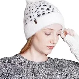 kindertales Women’s Dalmatian Pattern Knitted Beanie Cap with Faux Fur Pom | Soft Wool Blend Winter Hat | Trendy Elegant Woolen Cap for Women & Girls | Stylish Warm Gift for Christmas & Parties image 1