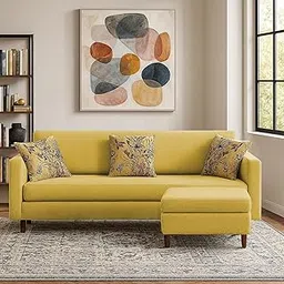 GRAPEWOOD Premium Lucian Fabric 4 Seater L Shape Sofa Set 3 Seater Modern Sofa Set & Ottoman for Living Room (Yellow Color Fabric)-image-87