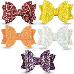 HOMEMATES Korean Stylish 3.5 Inch Glitter Bows Boutique Hair Clips Multi Color For Baby Girls Teens Toddlers Pack of 5 Pcs-image-60