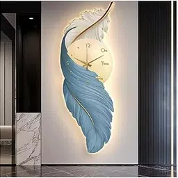 Modern Luxury Feather Wall Clock with LED Backlight – 3D Acrylic Wall Art with Elegant Blue & White Feathers Design image 1