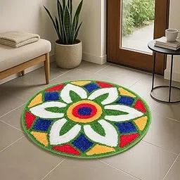 TRIVAK Super Soft Microfiber Traditional Modern Rangoli Round Door Mat for Home, Temple, Living Room, Door Entrance, Bedroom Decoration (24 x 24 Inch, Floral) (MT 2)-picture-24