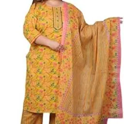 swasti Women Plus Size Yellow Floral Print Pure Cotton Straight Kurta, Dupatta & Pant Set-picture-41