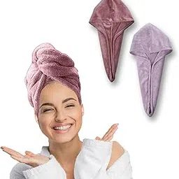HOUSSE Microfibre Head Towels | 450 GSM High Absorbent Hair Wrap with Adjustable Buttons for Girls | Super Soft & Quick Dry Wrap Towel for Hairs | Set of 2 | 25x65 cm (Rose Taupe & Nirvana Purple)-image-29
