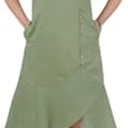 praga Women's Cotton Asymmetrical Midi Dress, Olive Green, Sleeveless with Button Detail-picture-29