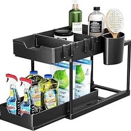 2 Tier Sliding Storage Rack Tier Sliding Under Sink Organizer with Hooks – Multi-Purpose Cabinet Storage for Bathroom & Kitchen –Organizer Shelf Adjustable Rack with Removable Panels | Pack of 1-image-84