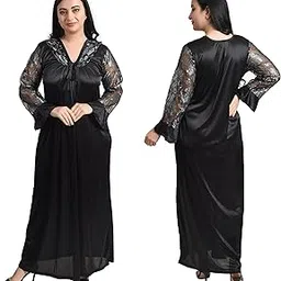 gwachi Women's Satin Solid Embroidered Maxi Nighty Full Sleeve Maxi Gown Nighty-picture-46