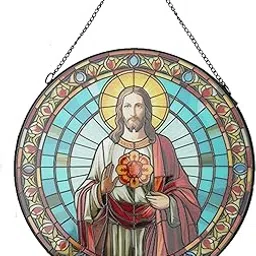 Jesus Stained Glass Window Hanging Plaque,Religious Stained Glass Window Hanging,Sacred Suncatcher for Indoor Windows,Window Treatments to Illuminate for Home Patio Window (Religion 2)-picture-27