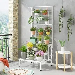 BLISS HOME DECOR Plant Stand for Balcony, 4 Tier Metal Planter Holder for Living Room, 3 Steps Flower Pot Stand for Multi Plants, Big Rack for Home Indoor Outdoor Garden White image 1