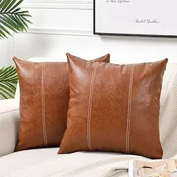 AEROHAVEN™ Set of 2 Over Stitiched Hand Made Faux Leather Throw/Pillow Cushion Covers - CC-281 - (Brown, 24 x 24 Inch)-image-11