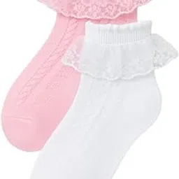Girls Cotton Ankle Ruffle Socks with Lace Frill, White and Pink, Pack of 2, Age 3-6 Years-picture-12