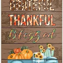 Thanksgiving Wall Art Decor, Thankful Decorations Fall Hanging Sign for Home Front Door Porch Pumpkin Truck Farmhouse Autumn Thanksgiving Harvest Rustic Decor Wooden Plaque, Grateful Thankful Blessed-image-16