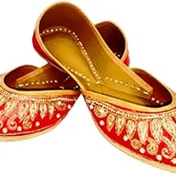 Traditional Punjabi Jutti, Women's Red and Gold Embroidered Flat Shoes, Handcrafted Indian Ballet Style Mojari with Decorative Pattern-image-94