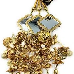 SIMKA® Kaudi Heavy Square Design Punjabi Paranda with Peacock & Jhumka for Women & Girls | Hair Extension | Patiala Shahi Parandi | Hangings Golden & Black, Design Golden & White-image-35