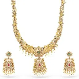 rubans 22K Gold-Plated Emerald Green, Ruby Pink,Kundan & Cubic Zirconia Traditional Jewellery Set with Pearl Beads image 1