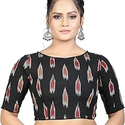 madhu fashion Women's Cotton Ikat Printed Half Sleeves Readymade Saree Blouse-picture-39