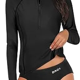 Women 2 Piece Rash Guard Long Sleeve Zipper Bathing Suit with Bottom Built in Bra Swimsuit UPF 50, Black1, Large-image-12