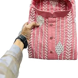 foxdx Men's Soft Cotton Kurta Knee Length Mirror Embroidered Traditional Kurta for Men-picture-17