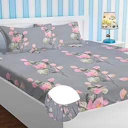 HOMEKART Premium Cotton Elastic Fitted Bedsheets with 2 King Size Pillow Covers Double Bed with All Around Elastic Supersoft Size - 72 x 78 +10 inches Flower Print Pink and Grey 200 tc - 220 tc-picture-41