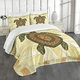 Ambesonne Turtle Bedspread, Turtle Zentangle on Yellow Background Spiral Forms Bohemian Artwork, Decorative Quilted 3 Piece Coverlet Set with 2 Pillow Shams, Queen Size, Yellow Green Brown-image-64