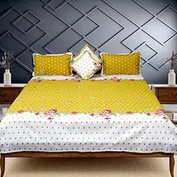 Amazing 5pc bedsheet Set 1 Queen Size Bedsheet + 2 Pillow Covers with Embroidery+ 2 Cushion Cover with Embroidery with Filler Heavy Quality Multicolor Five Piece Set (Yellow dot)-picture-10