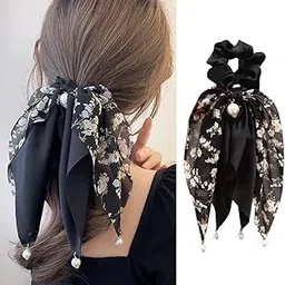 S.A.V.I Black Floral Hair Scrunchie for Women & Girls | Satin & Chiffon Bow with Pearl | Stylish Ponytail Holder | Elegant Rubber Band for Daily, Party & Ethnic | 24x12 cm-image-27