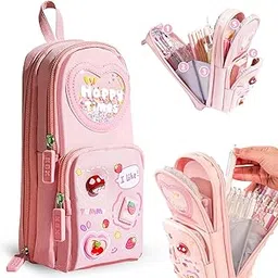 Brand Conquer Canvas School Bag Pencil Case 3 Layer 6 Compartment Large Capacity, Aesthetic Pencil Pouch for Stationary, Cute Stationery for Kids, Pencil Case for Girls & Boys Gift for Children (Pink)-picture-19