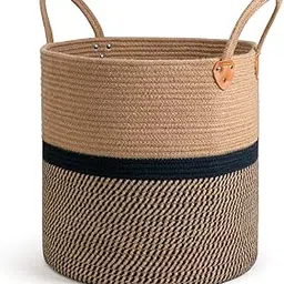 Abeera Jute Cotton Laundry Basket, 14 inch Handcrafted Storage Bag for Home, Multi-Purpose Storage with Handle for Living Room Bathroom Laundry & Toys (Black)-picture-17