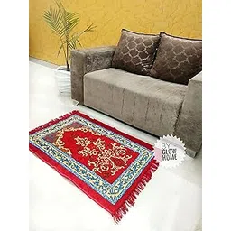 Janamaz Prayer Mat for Muslims 4x2 Feet - Velvet Chenille Musallah for Namaz Mats - light guided prayer mat for Men and Women, RED-picture-21