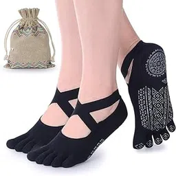 mjjb Non Slip Finger Yoga Socks For Women Girls,Anti Slip Five Toe Full Lenght Cotton Regular Socks For Gym Workout,Yoga For Girls Women At Home, Black-picture-37