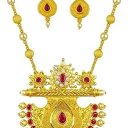 Gold Plated Long Necklace With Earrings Set Flower Design With Pearl Gold Beads Mala Jewellery For Women-image-46